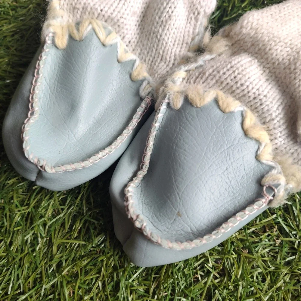 Vintage Leather Baby Toddler Mocassins Socks Blue Yellow Slip On Shoes 2 Pair